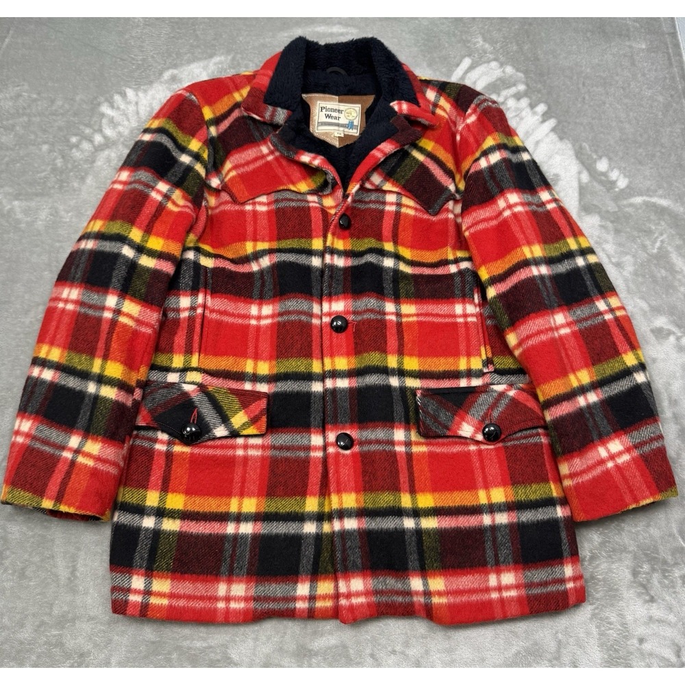 Vintage Pioneer Wear Mackinaw Jacket Womens 40 Red Plaid Wool Coat Western 70s